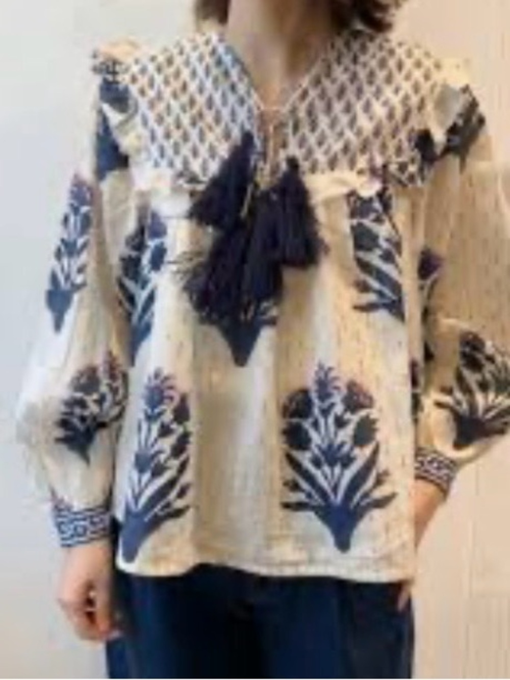 Embroidered Cream Peasant Blouse with Navy Floral Print - Picture 2 of 8